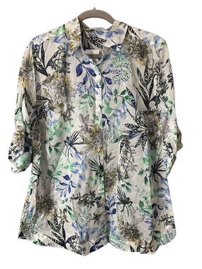 Northern Reflections White Floral Button-Down Shirt Blue & Green Leaves Sz XL